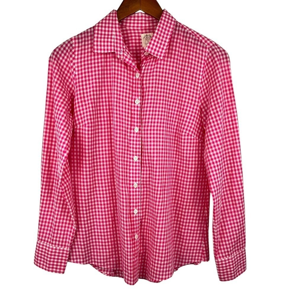 J.Crew The Perfect Shirt Pink White Gingham Button Down Cotton Top Womens Size 2